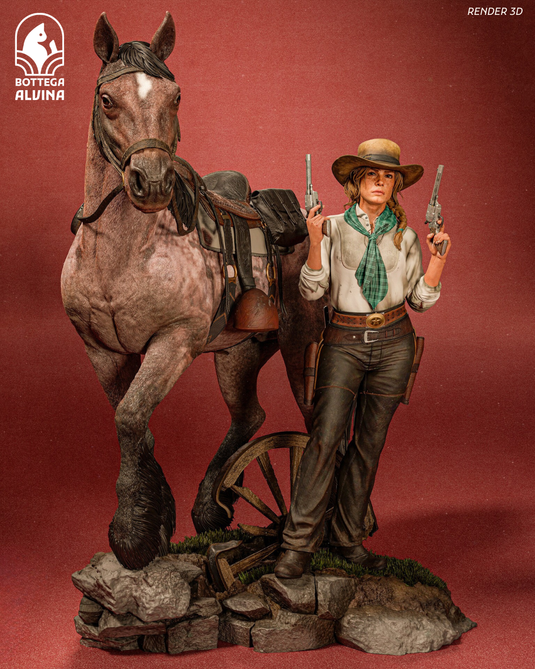 hand painted outlaw cowgirl with horse diorama inspired by Sadie Adler from Red Dead Redemption 2