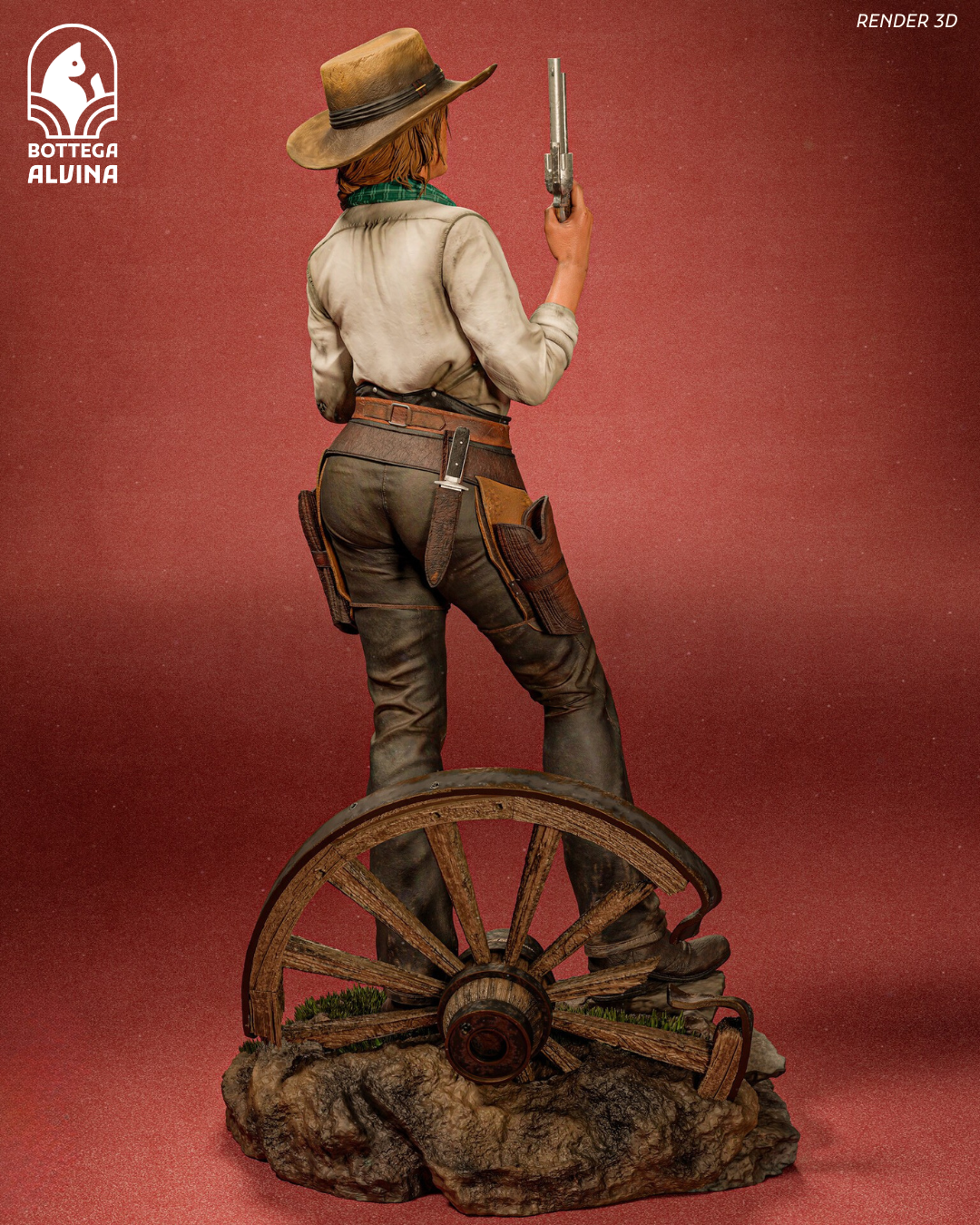 hand painted outlaw cowgirl collectible statue inspired by Sadie Adler from Red Dead Redemption 2, back right view