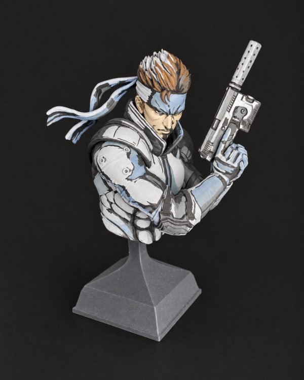 Hand-painted resin bust of Solid Snake from Metal Gear Solid, holding a suppressed pistol, on a grey base
